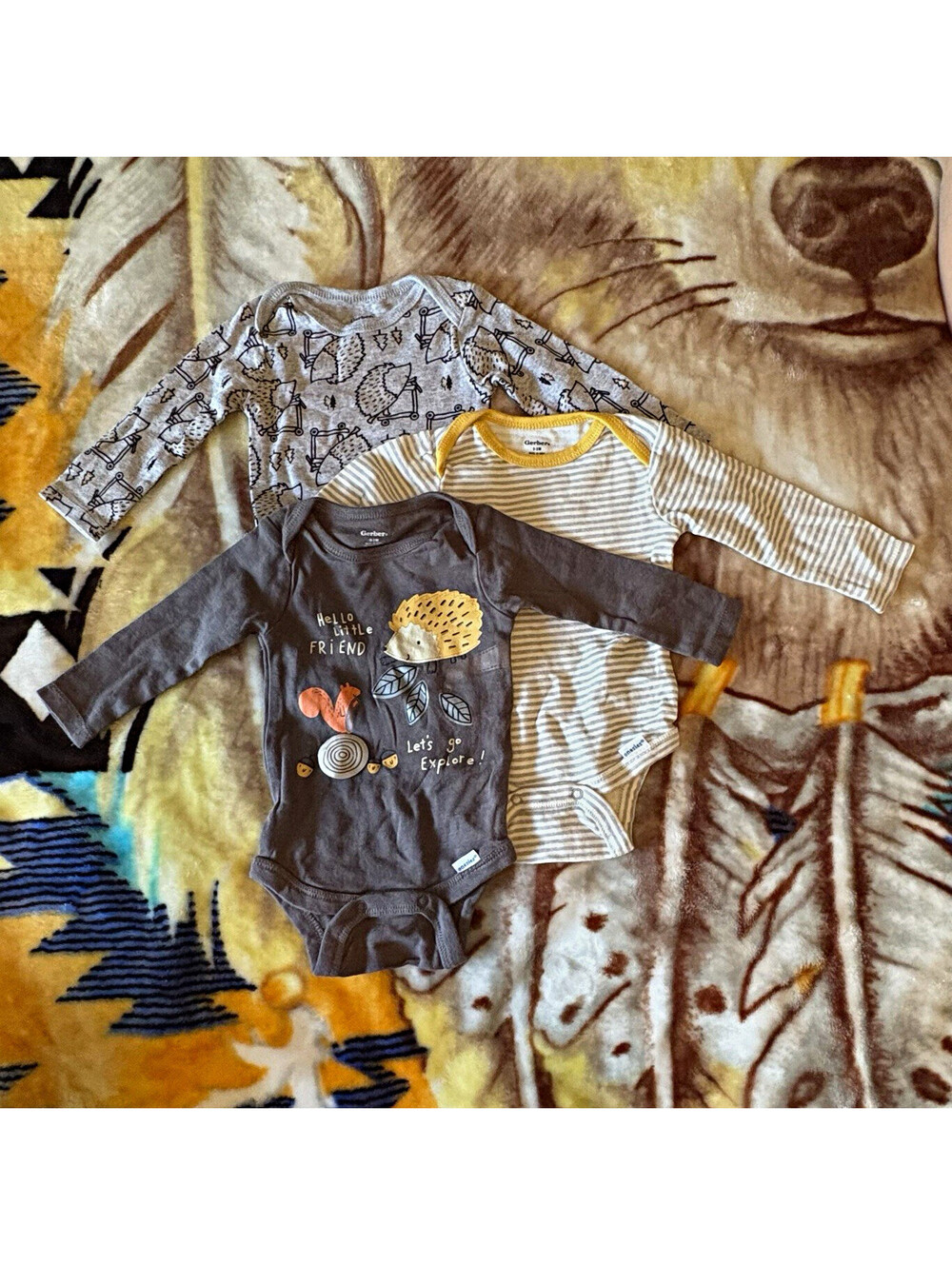 Gerber 0-3M Long Sleeve Onesies Lot (3 Pack) - Hedgehog & Stripes
